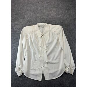 Vintage Nilani Shirt Top Womens 10 Off White Waterfall Ruffle Rhinestone Brooch
